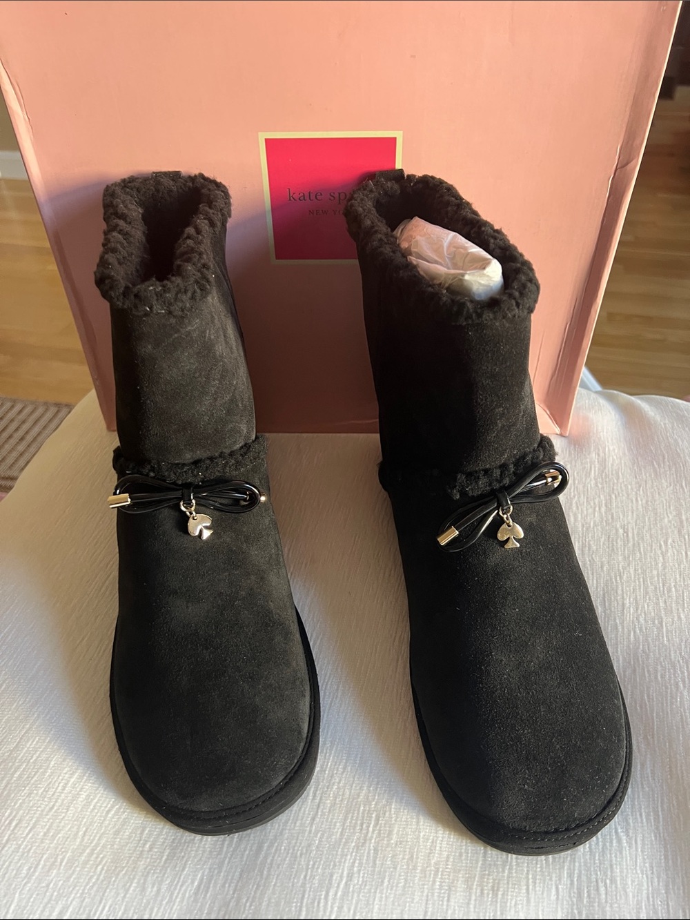 New Kate Spade Faux Shearling Suede Boots black 9
